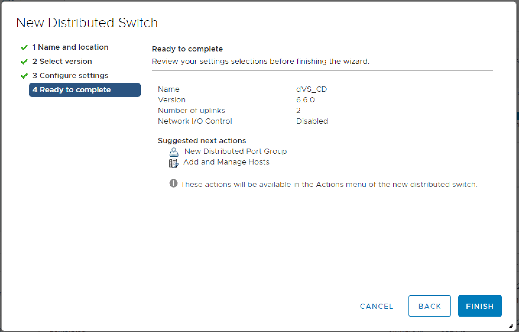 Finish distributed switch creation wizard