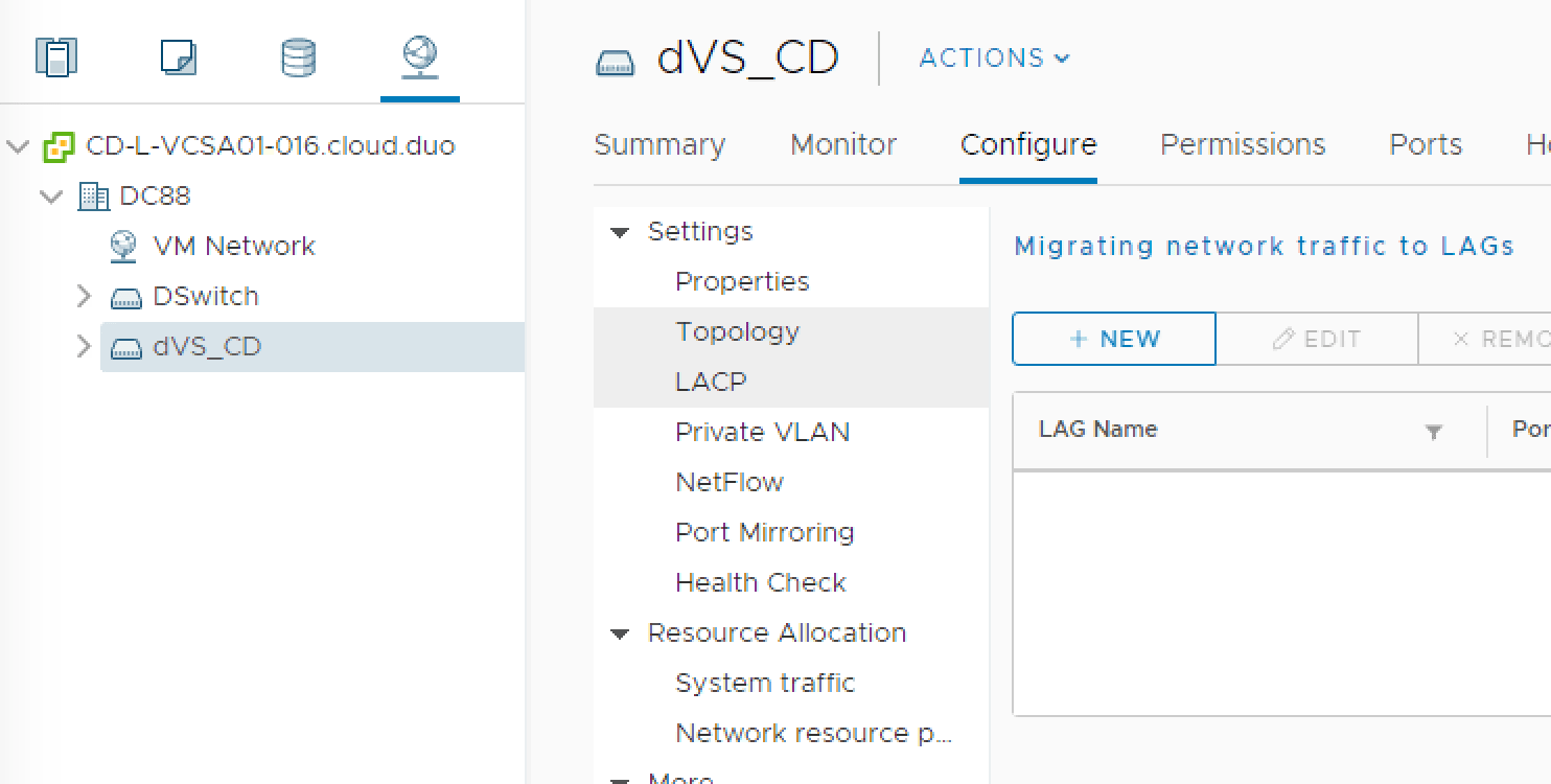 Create LACP Group on the dVS