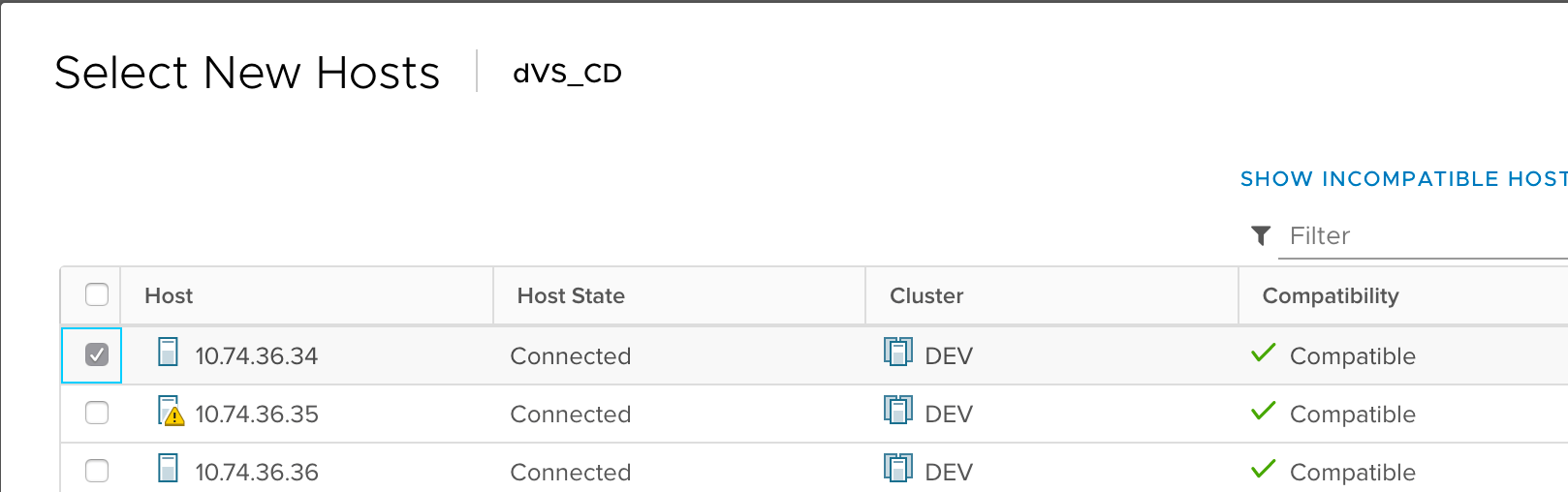 Select appropriate hosts to add to the dVS