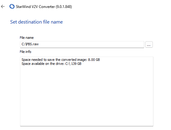 Select destination image in StarWind V2V Converter