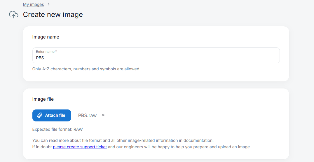 Select raw image file and set an image name